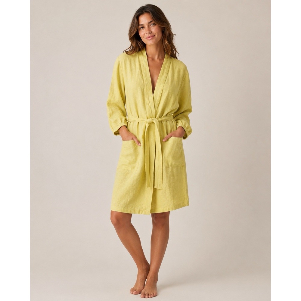 By The Way Yellow Linen Belted Robe Kimono Duster Pockets Cottagecore One Size